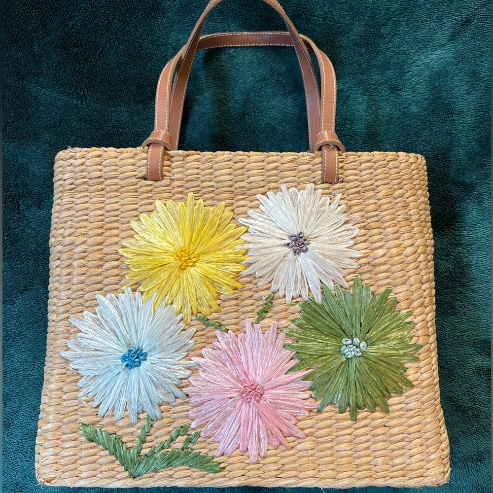 Beautiful Kate Spade Vintage 90s Raffia Floral Straw Tote